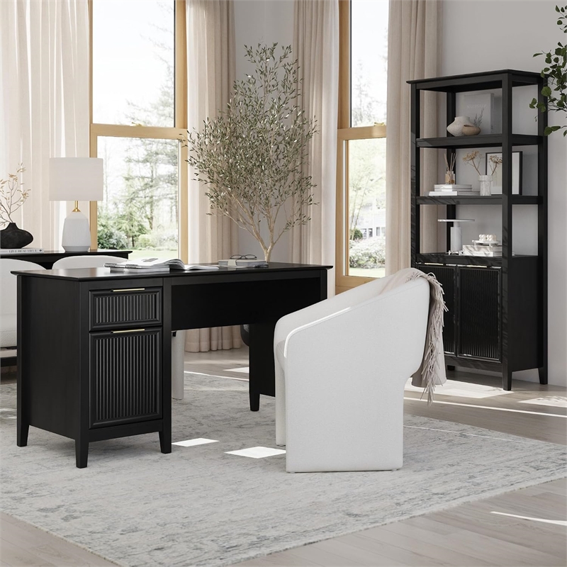 Bush Home Camille 54W Fluted Office Desk with Storage in Onyx Birch
