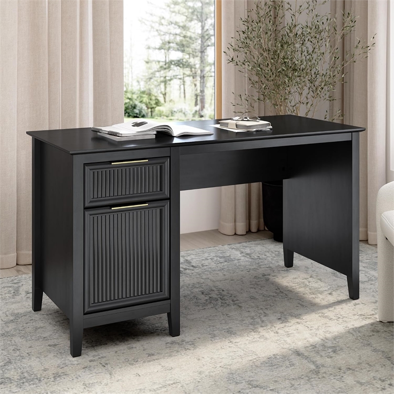 Bush Home Camille 54W Fluted Office Desk with Storage in Onyx Birch