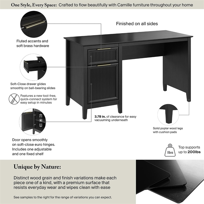 Bush Home Camille 54W Fluted Office Desk with Storage in Onyx Birch