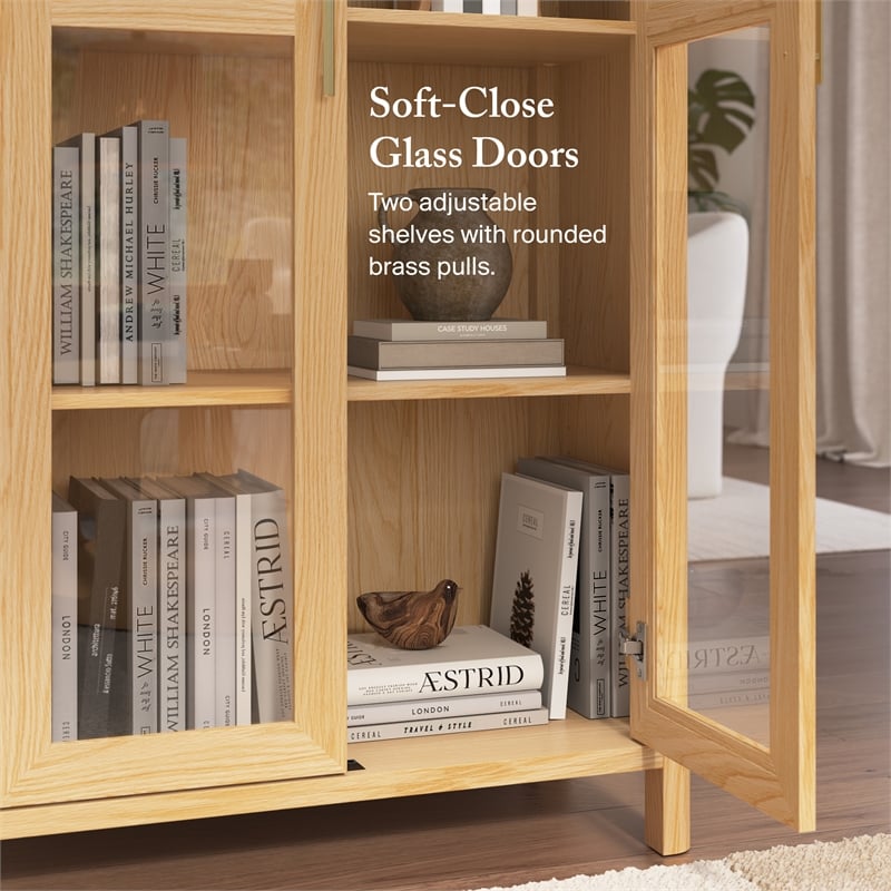 bush home vera tall storage cabinet with glass doors in natural white oak