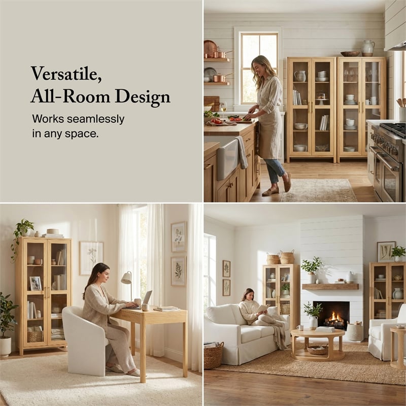 bush home vera tall storage cabinet with glass doors in natural white oak