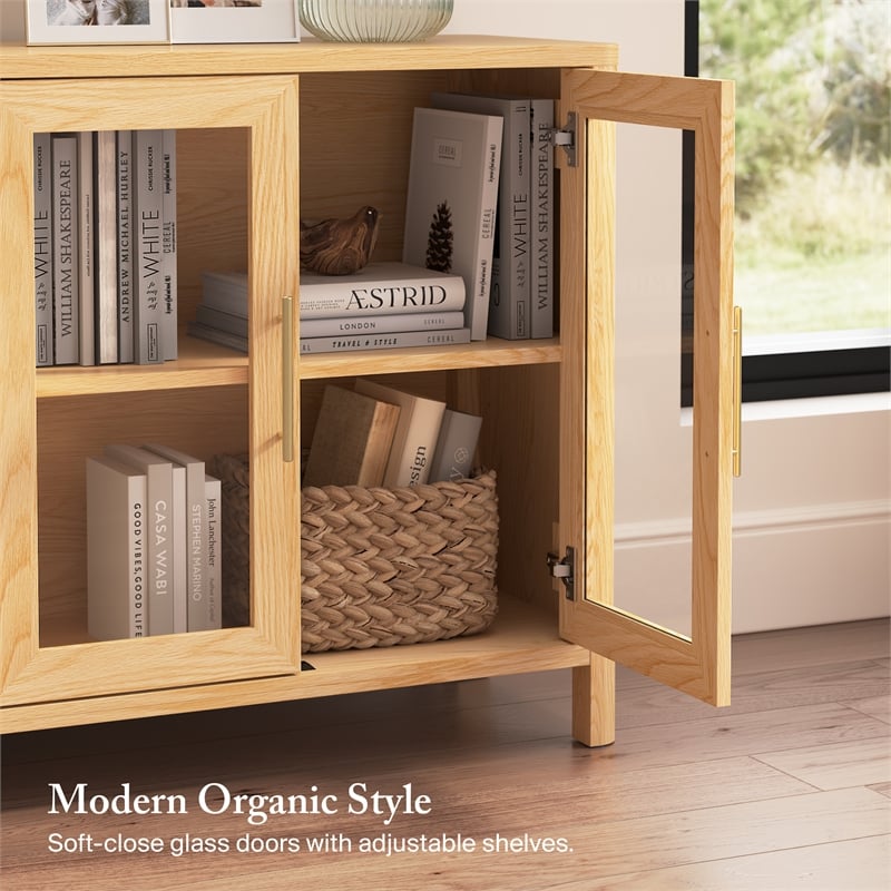 Bush Home Vera 60W Buffet Storage Cabinet with Glass Doors in Natural White Oak