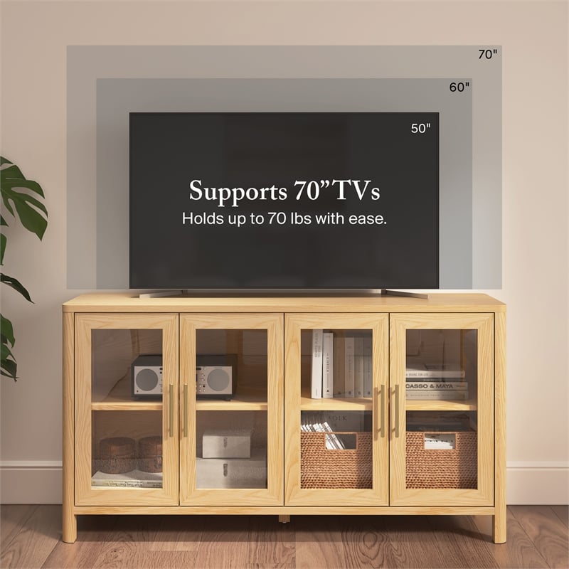 Bush Home Vera 60W Buffet Storage Cabinet with Glass Doors in Natural White Oak