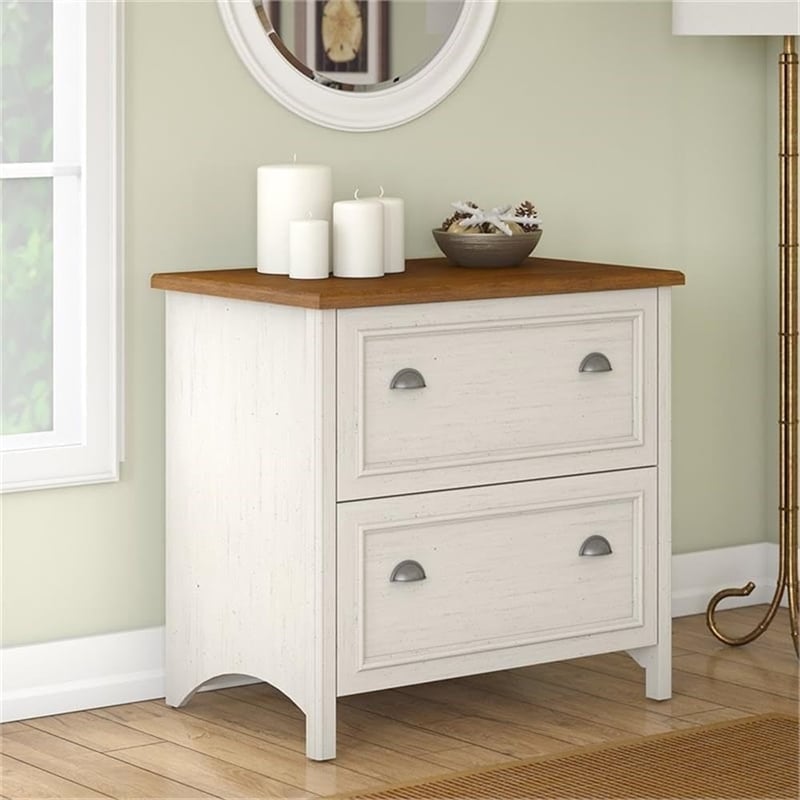 Bush Home Fairview 2 Drawer Lateral File Cabinet in Antique White & Tea Maple