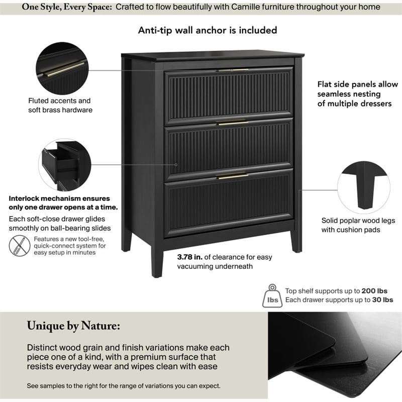 Bush Home Camille Fluted 3 Drawer Dresser in Onyx Birch