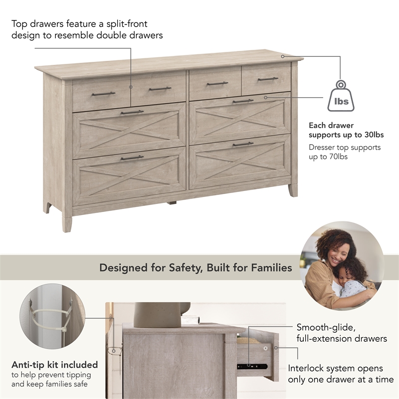 Bush Home Key West 6 Drawer Dresser in Washed Gray