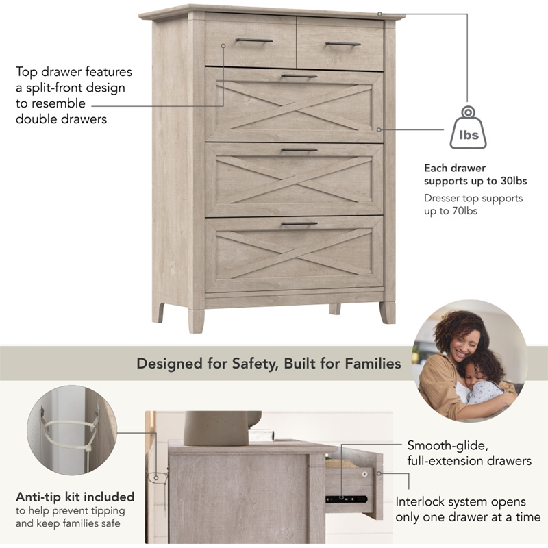Bush Home Key West 4 Drawer Dresser in Washed Gray
