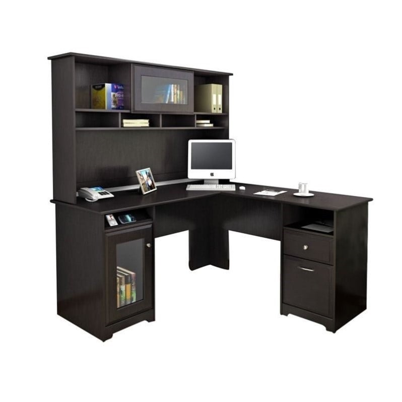 Bush Cabot L Shaped Computer Desk with Hutch in Espresso Oak  WC3183003KPKG1