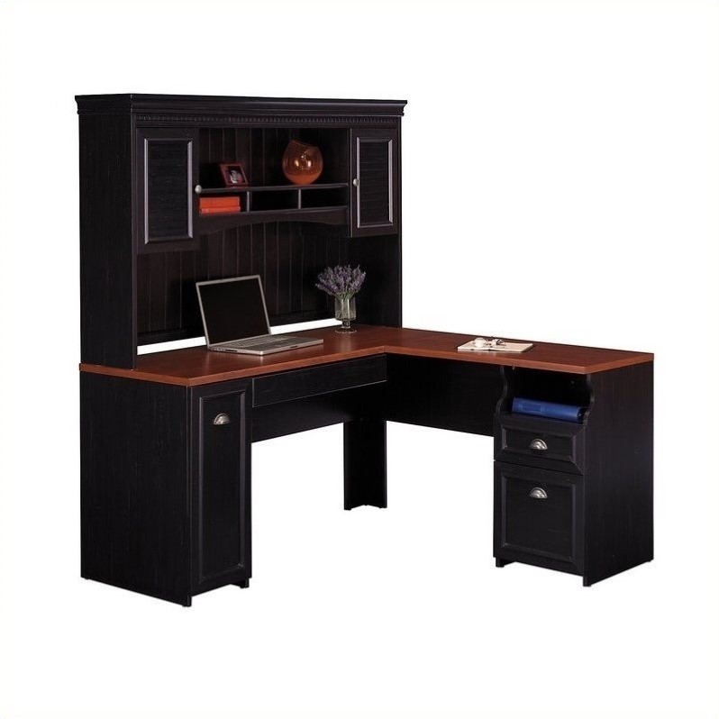 Bush Fairview 60\u0026quot; LShape Computer Desk with Hutch in Antique Black  WC5393003PKG1