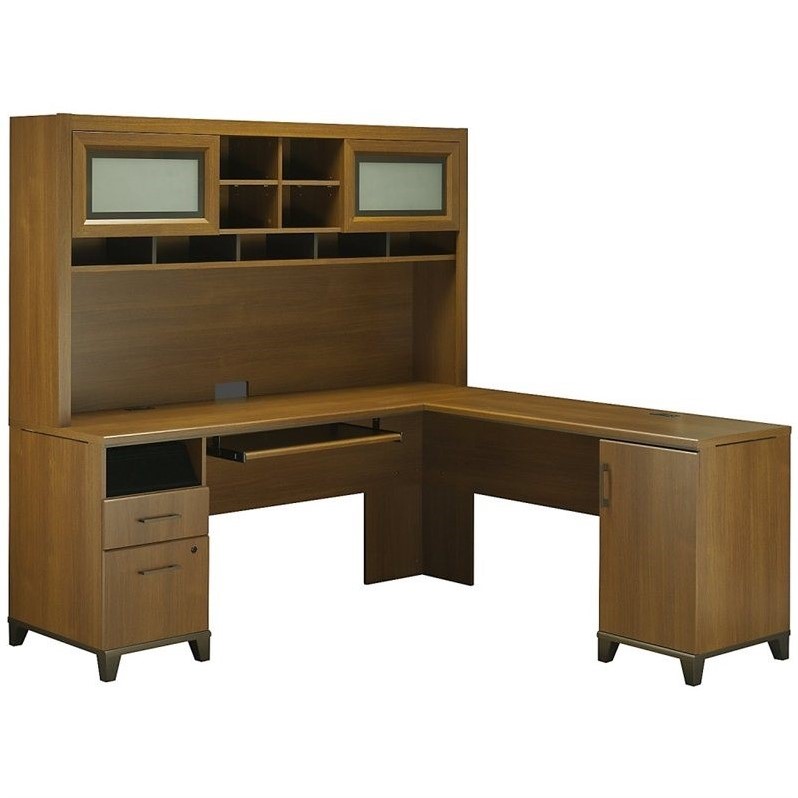 Bush Achieve L Shape Home Office Desk with Hutch in Warm Oak ACH001WO