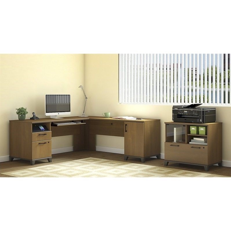 Achieve L Shaped Desk With Printer Stand File Cabinet In Warm Oak Achieve L Shaped Desk With Printer Stand File Cabinet In Warm Oak