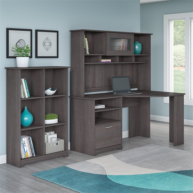 Cabot Corner Desk with Hutch and 6 Shelf Bookcase in Heather Gray ...