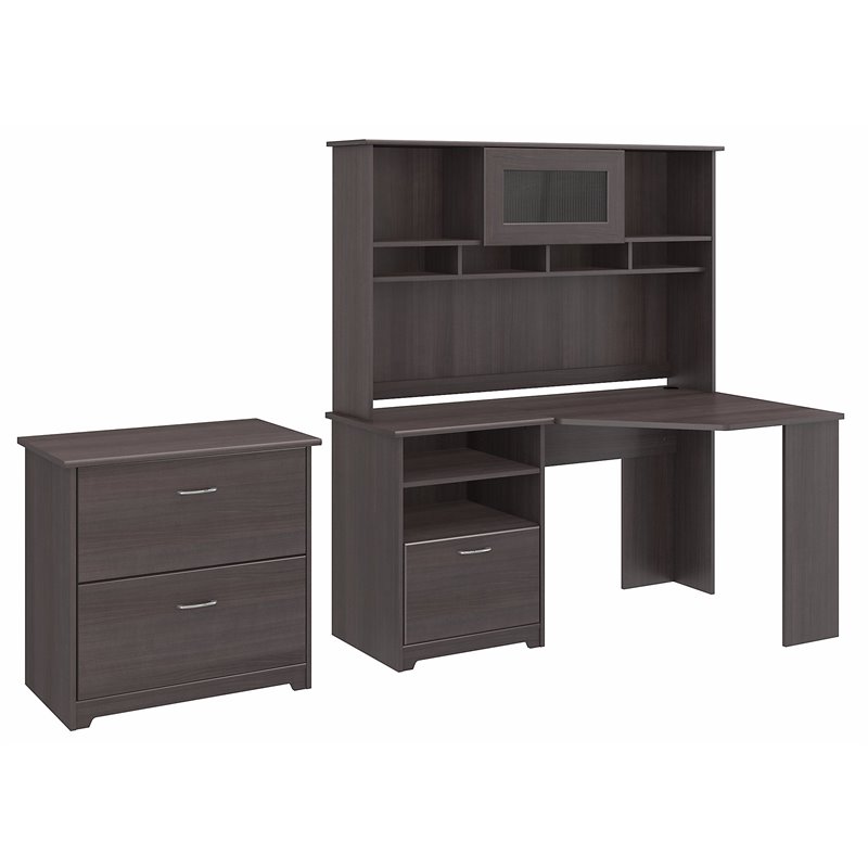Cabot Corner Desk With Hutch And Lateral File Cabinet In Heather
