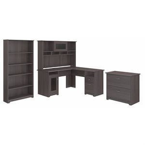 bush furniture cabot l desk with hutch, lateral file cabinet and 5 shelf bookcase