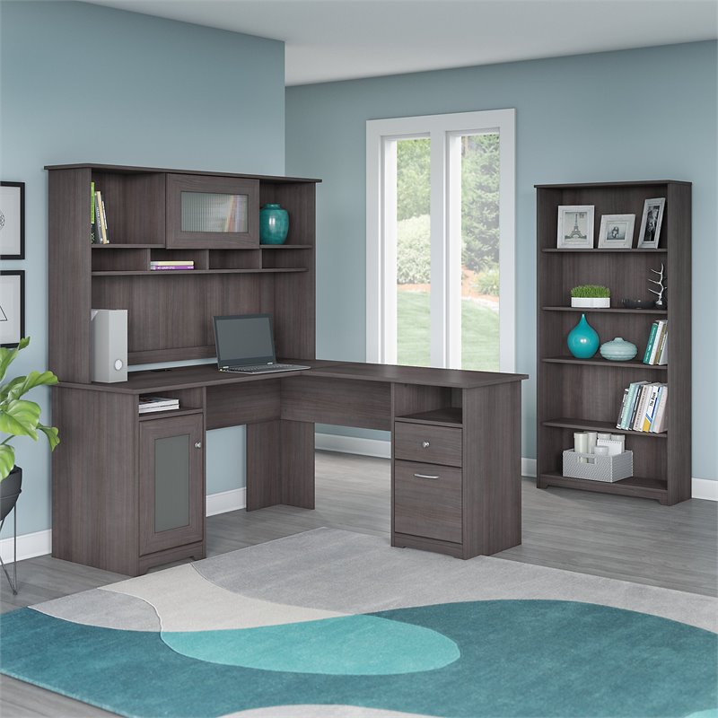 Cabot L Shaped Desk with Hutch and Bookcase in Heather Gray ...