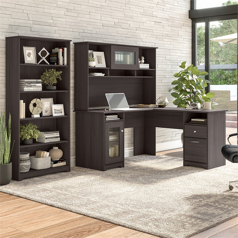 Cabot L Shaped Desk with Hutch and Bookcase in Heather Gray - Engineered Wood