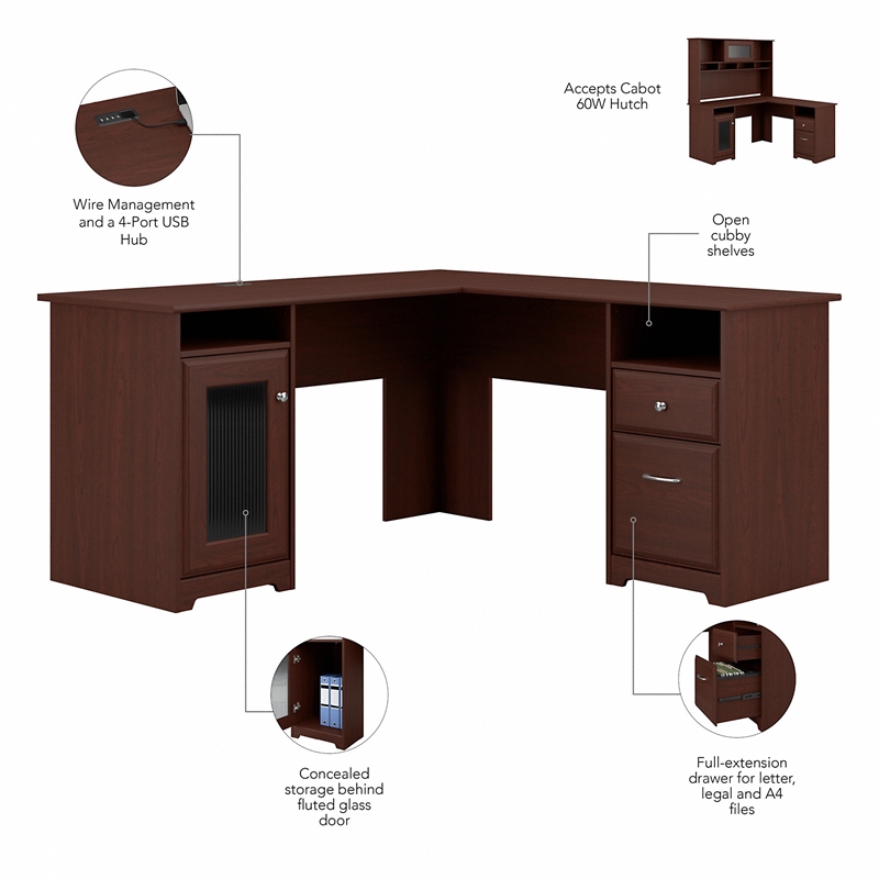 Bush Furniture Cabot L Shaped Desk 4 Piece Office Suite in Harvest Cherry