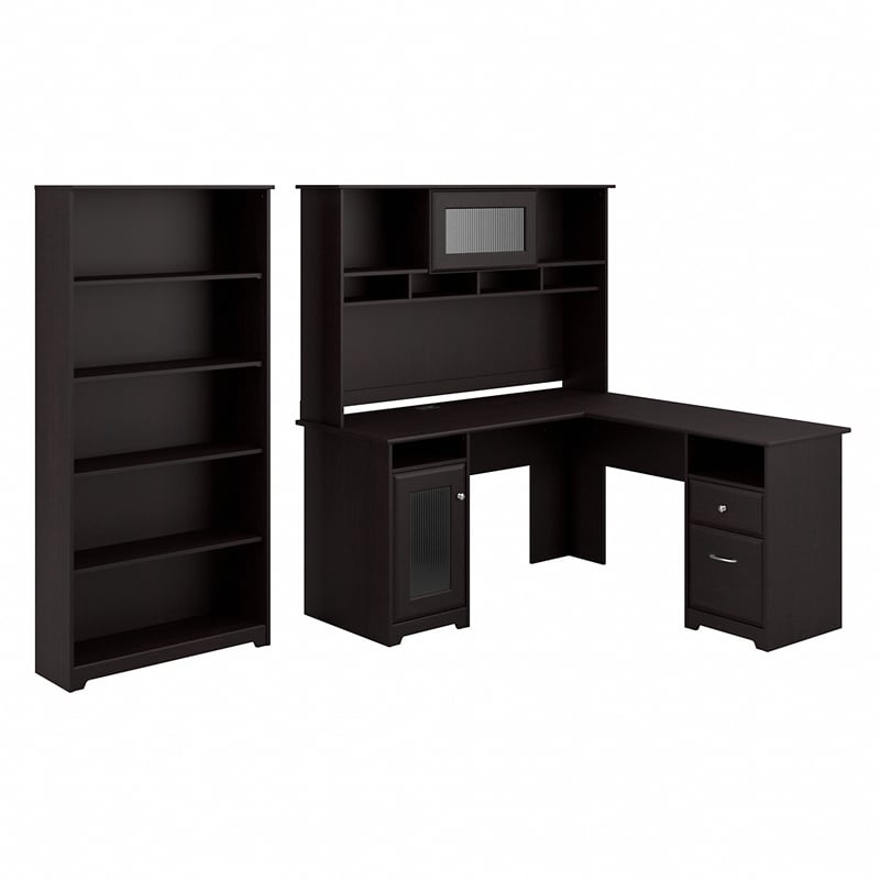 Cabot L Desk with Hutch and 5 Shelf Bookcase in Espresso Oak - Engineered Wood