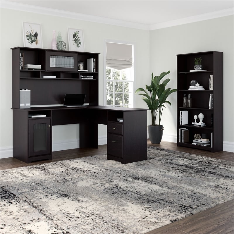Cabot L Desk with Hutch and 5 Shelf Bookcase in Espresso Oak - Engineered Wood