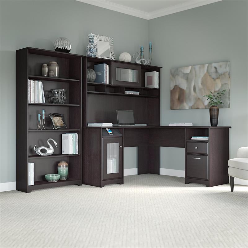 Bush Furniture Cabot L Shaped Desk with Hutch and 5 Shelf Bookcase in Espresso Oak CAB011EPO