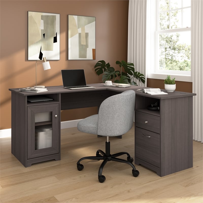 Cabot 60W L Shaped Computer Desk with Storage in Heather Gray - Engineered Wood