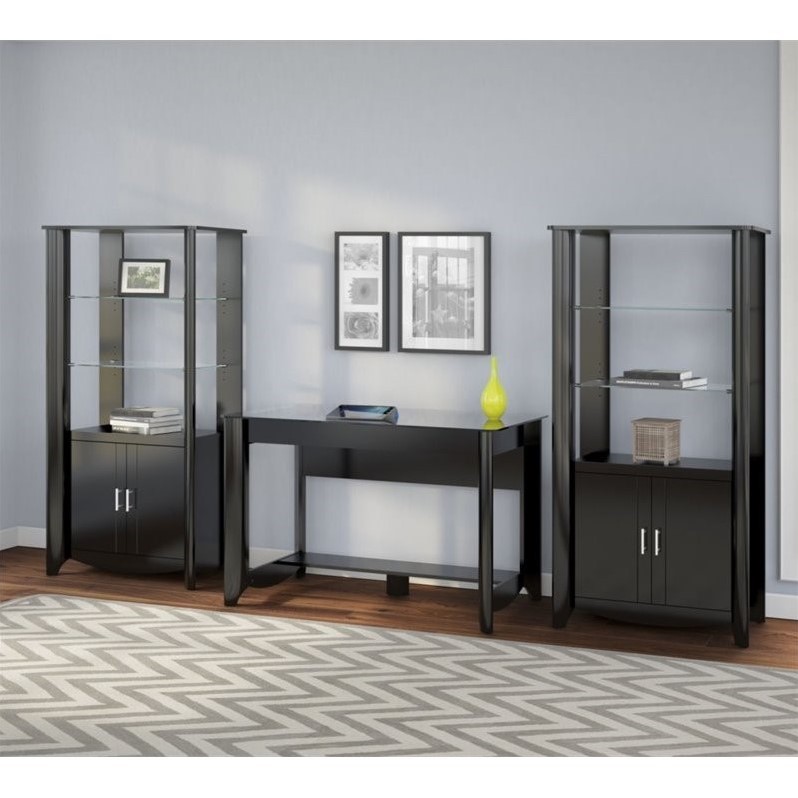 Bush Furniture Aero Writing Desk And Tall Library Storage Cabinet With Doors In Black Aer015bk