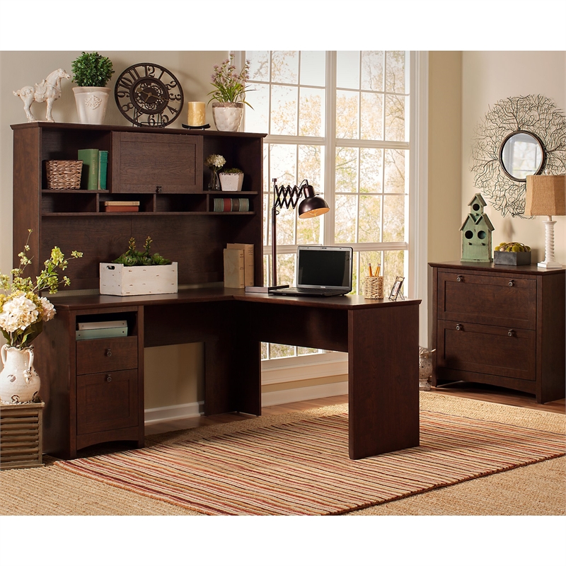 Buena Vista L Shaped Desk With Hutch And File Cabinet In Cherry