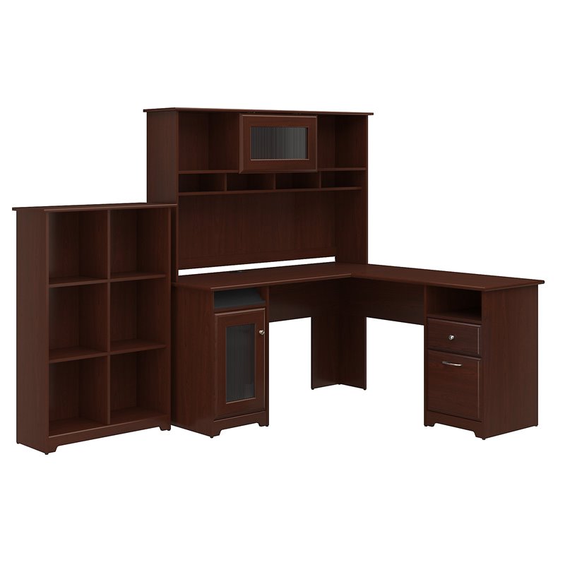 Cabot L Shaped Desk With Hutch And 6 Cube Organizer In Harvest