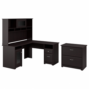 cabot l desk with hutch & lateral file cabinet in espresso oak - engineered wood