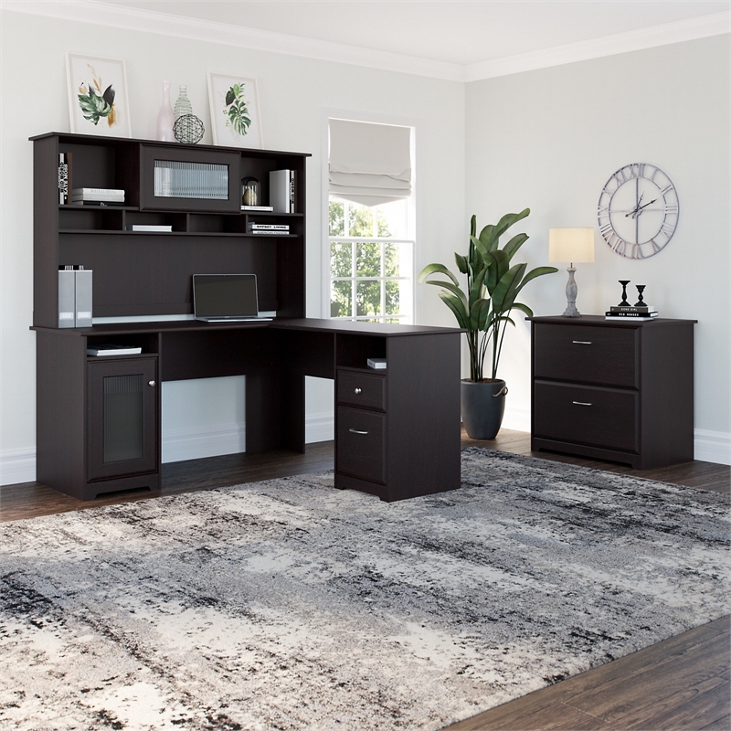Cabot L Desk with Hutch & Lateral File Cabinet in Espresso Oak - Engineered Wood