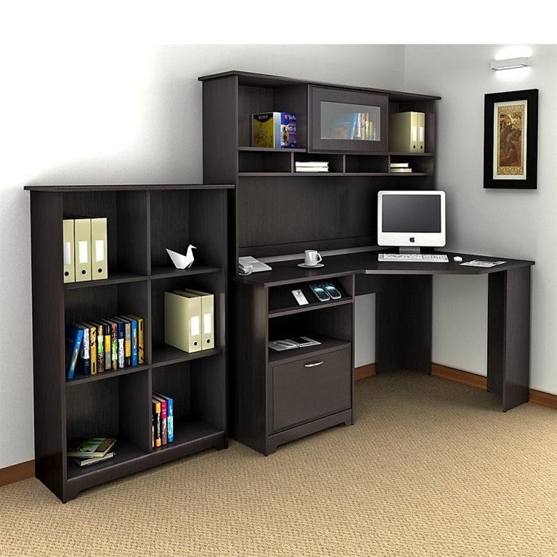 Cabot Corner Desk With Hutch And 6 Cube Organizer In Espresso Oak