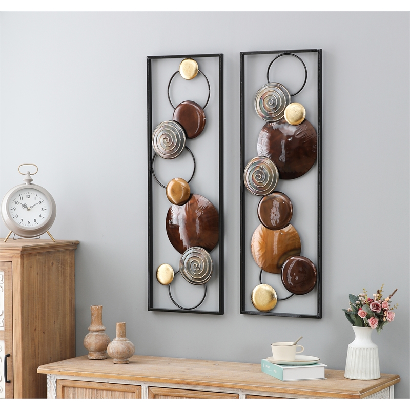 LuxenHome Set of 2 Brown and Gold Metal Wall Decor Rectangular Panels