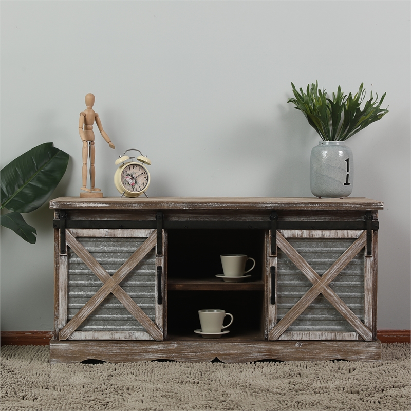 LuxenHome Farmhouse Sliding Doors Brown Wood TV Stand - WHIF360