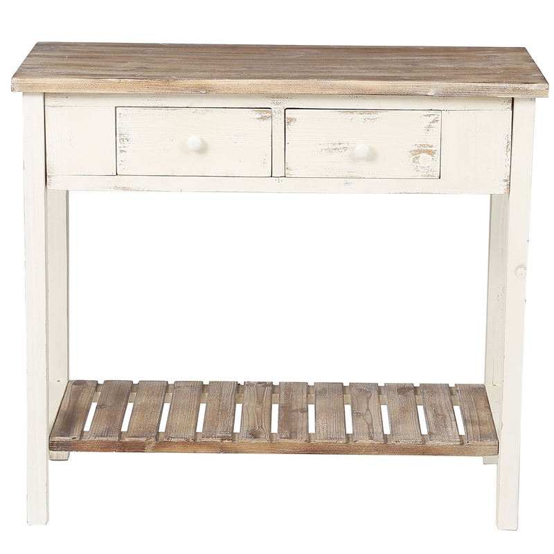 White And Natural Wood Console, Distressed Off White Console Table