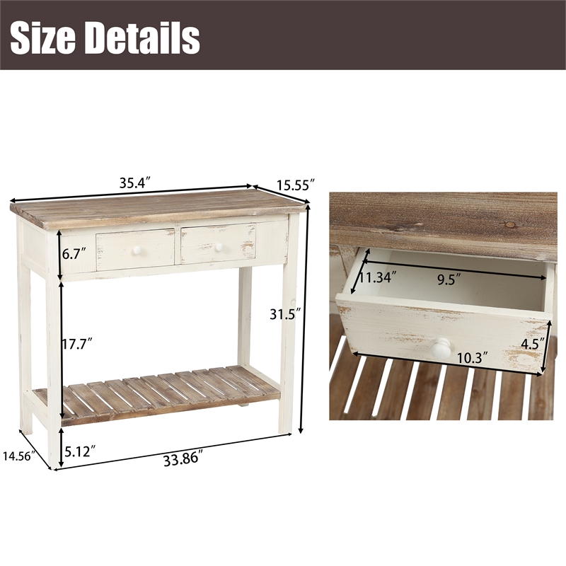LuxenHome Distressed White and Wood 2-Drawer 1-Shelf Console and Entry Table