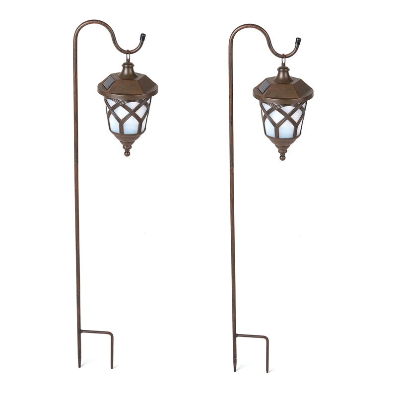 LuxenHome Set of 2 Brown/White Solar Plastic Lanterns with Metal