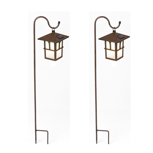 luxenhome set of 2 brown plastic pagoda solar lanterns with metal shepherd hooks