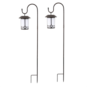 luxenhome set/2 brown/white plastic solar lanterns with shepherd hooks