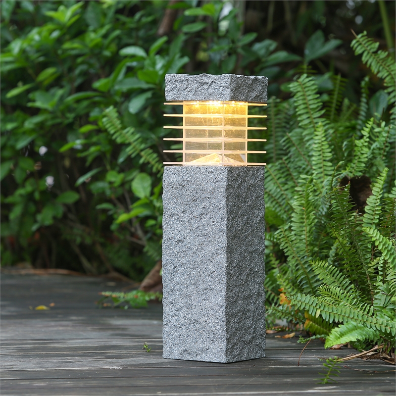 LuxenHome Cement Gray Faux Rock Solar Bollard Light