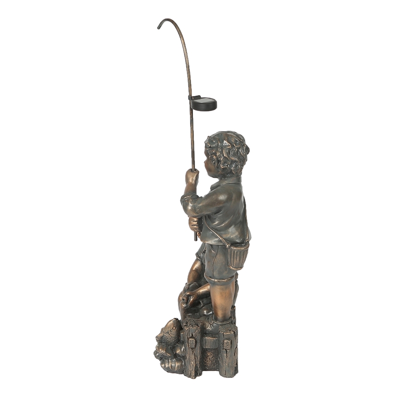LuxenHome Bronze MgO Children Fishing Garden Statue with Solar Light