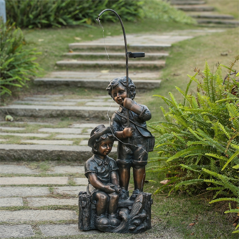 LuxenHome Bronze MgO Children Fishing Garden Statue with Solar Light
