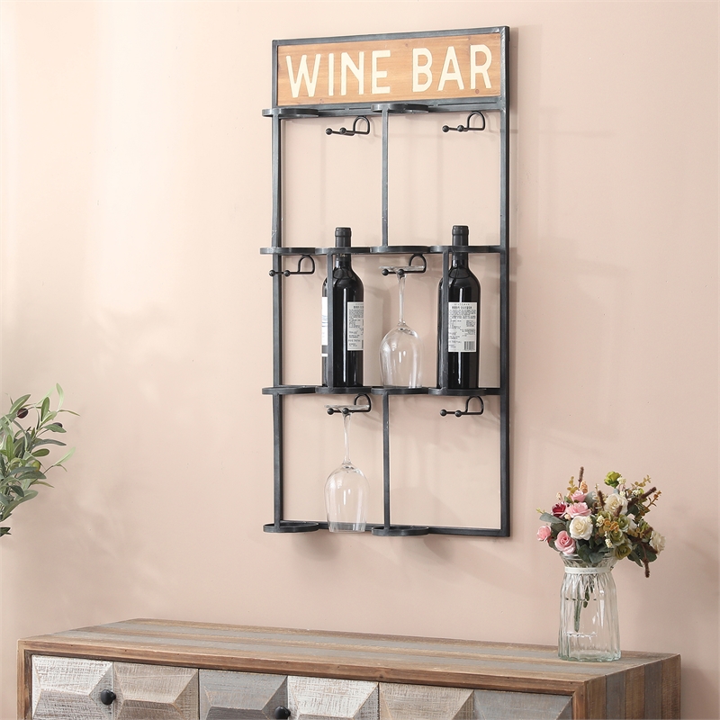 LuxenHome Wood and Metal Wall Mounted Wine Bottle and Glass Rack