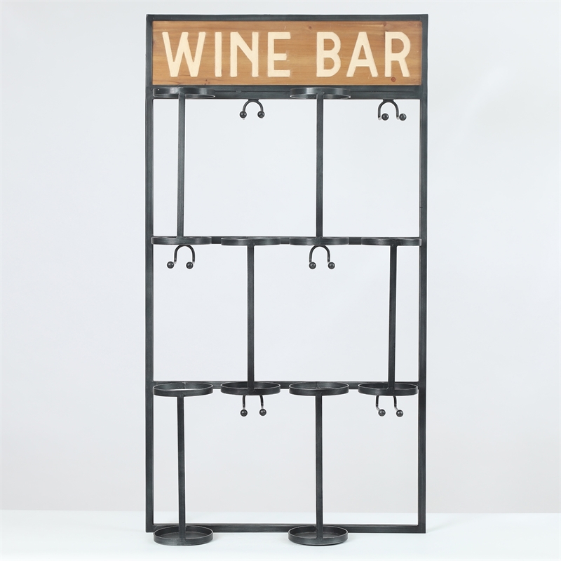 LuxenHome Wood and Metal Wall Mounted Wine Bottle and Glass Rack