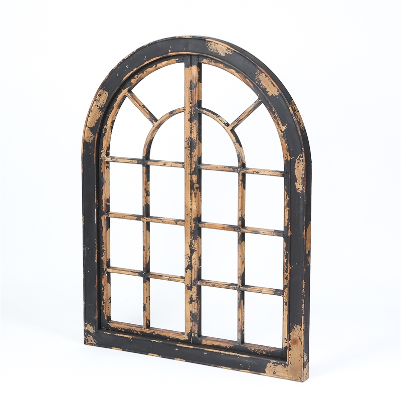 LuxenHome Distressed Black and Natural Wood Arched Window Wall Decor ...