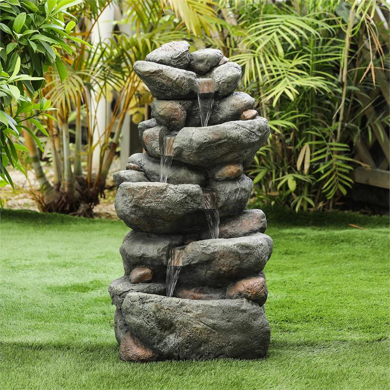 LuxenHome Gray Resin Rock Cascading Water Outdoor Fountain | Cymax Business