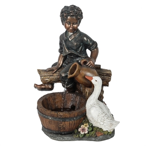 luxenhome bronze resin farm boy and goose outdoor fountain