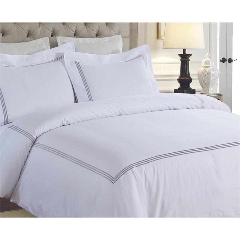 Luxen Home 3 Pc Silver Line Embroidery On White Cotton Sateen