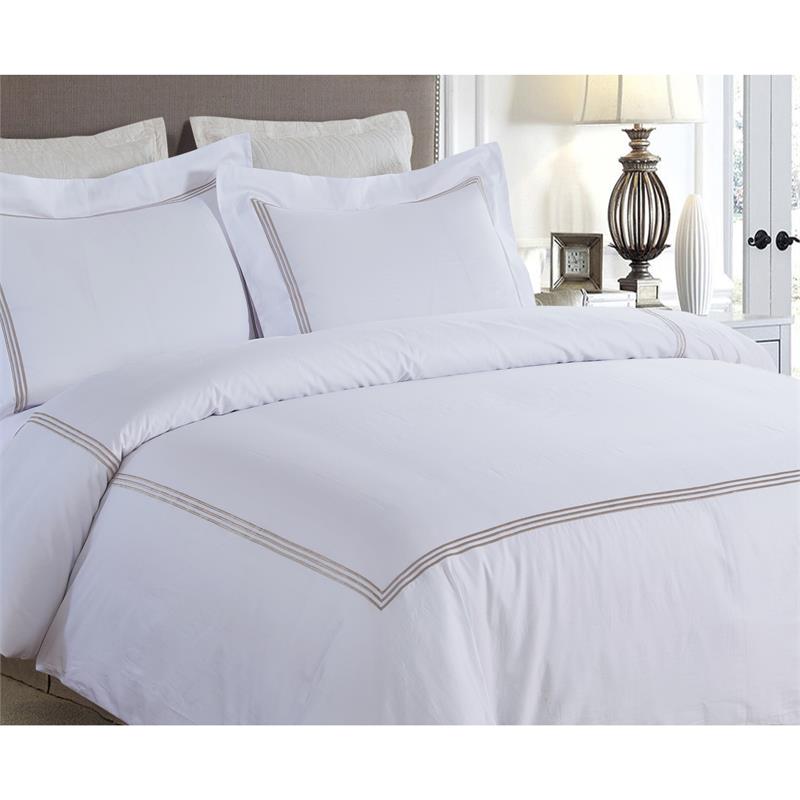 Luxen Home 3 Pc Tan Line Embroidery On White Cotton Sateen Duvet