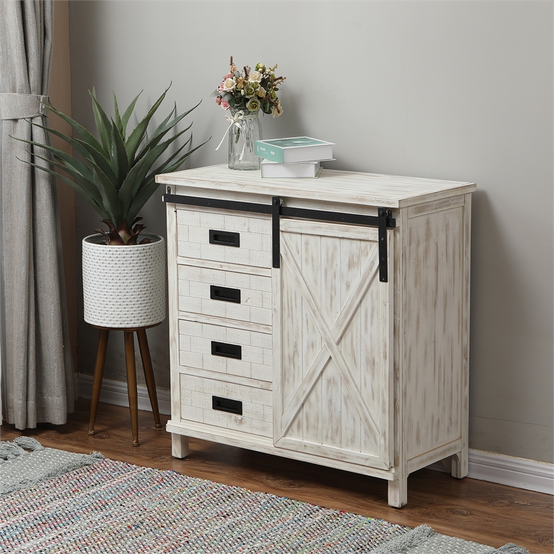 LuxenHome Farmhouse Antique White Wood 4Drawer 1Door Storage