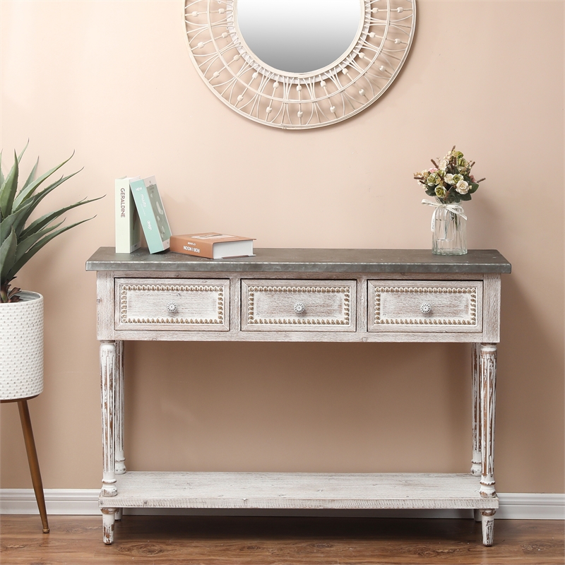 LuxenHome Distressed White Wood and Metal Farmhouse Distressed Console Table